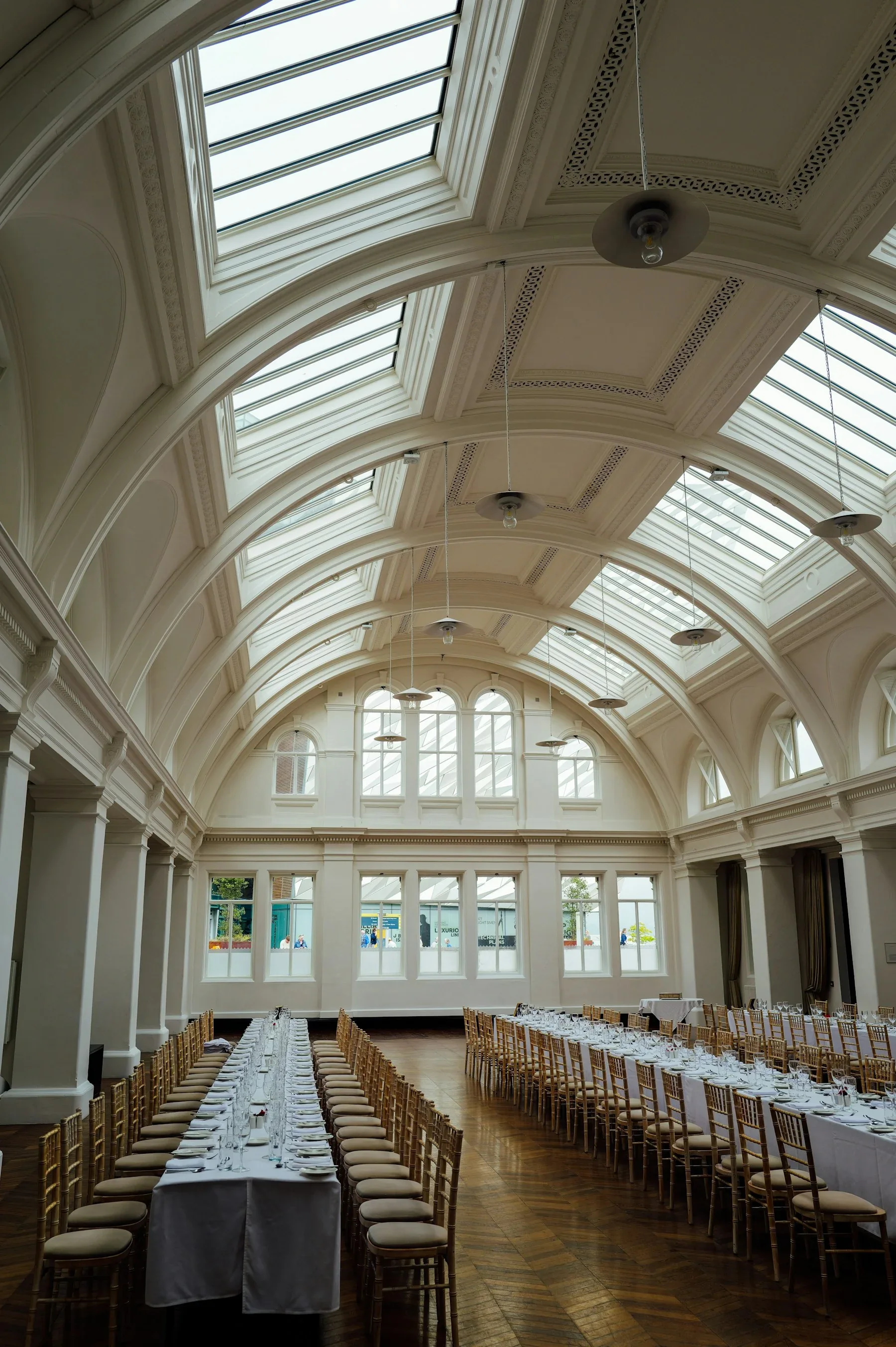 Decorated event space under marquee lighting